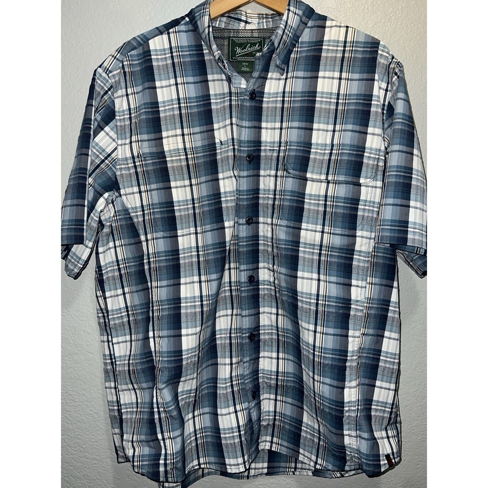 Woolrich‎ Shirt Mens Large Blue Plaid Short Sleeve Button Front Cotton Madras